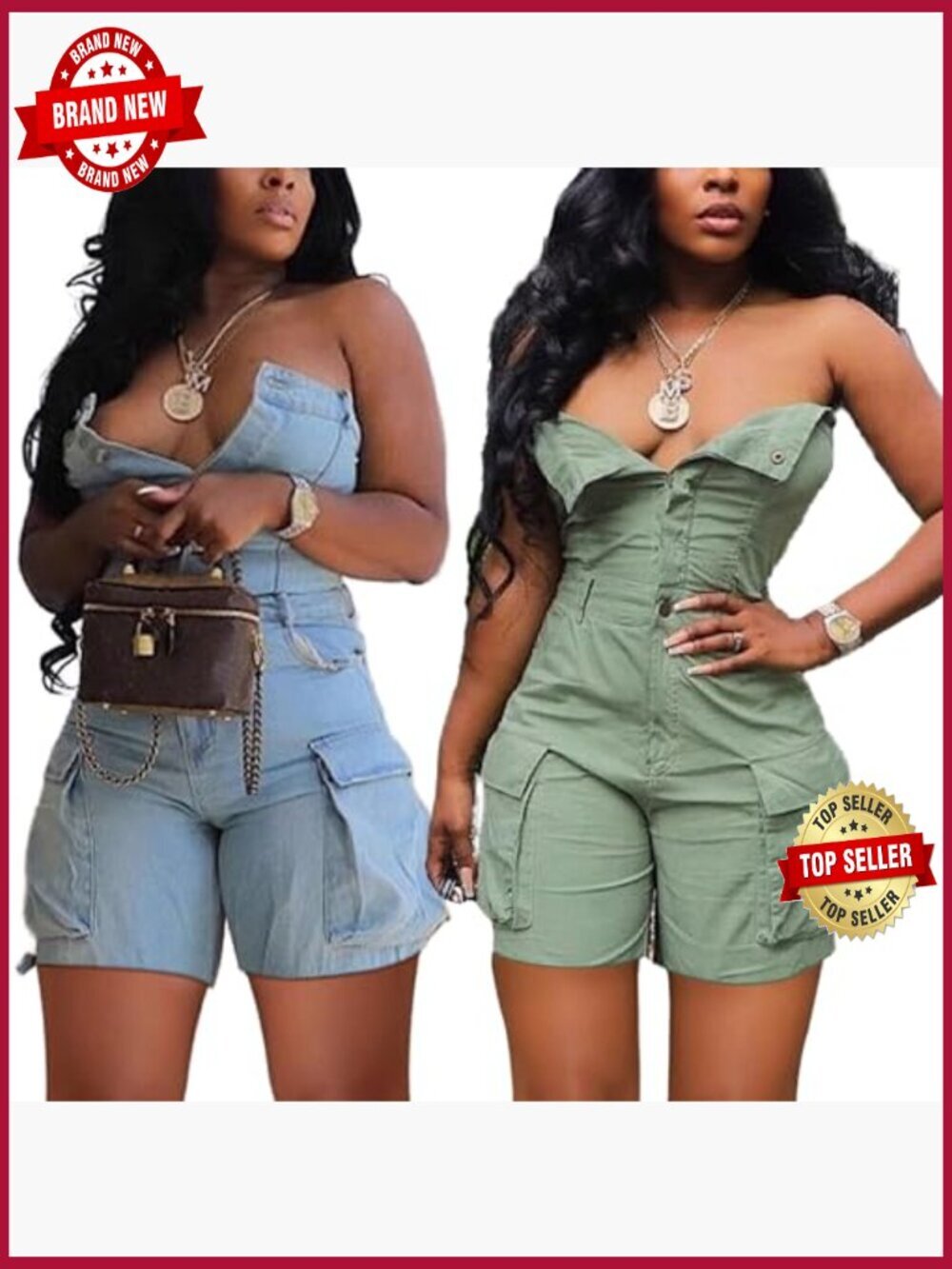 Strapless Denim Romper Sexy Sleeveless Cargo Shorts Jumpsuit - Picture 5 of 7